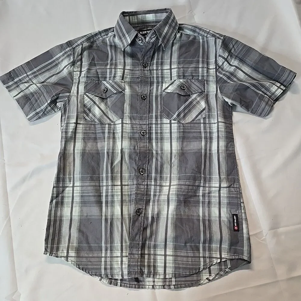 Airwalk Boys Short Sleeve Button Up Shirt Gray Plaid 8 Y2K Skater Streetwear